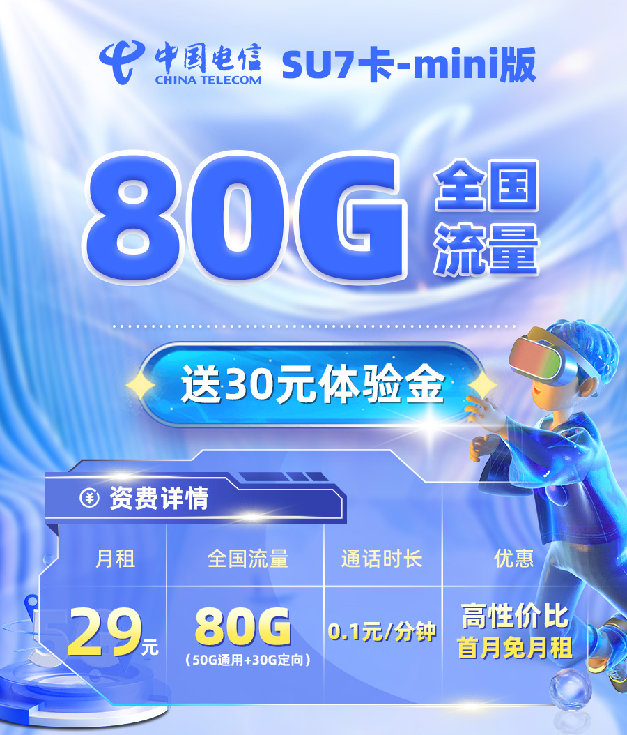 电信SU7卡29元/月享50G全国通用+30G定向流量  第1张