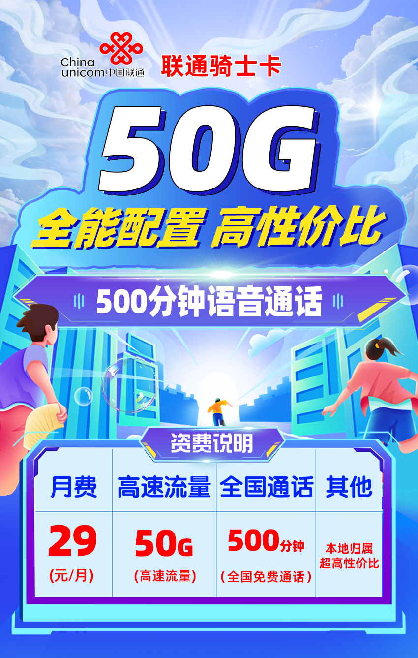 联通骑士卡29元/月享20G全国通用+30G定向流量+500分钟全国通话+300条短信  第1张