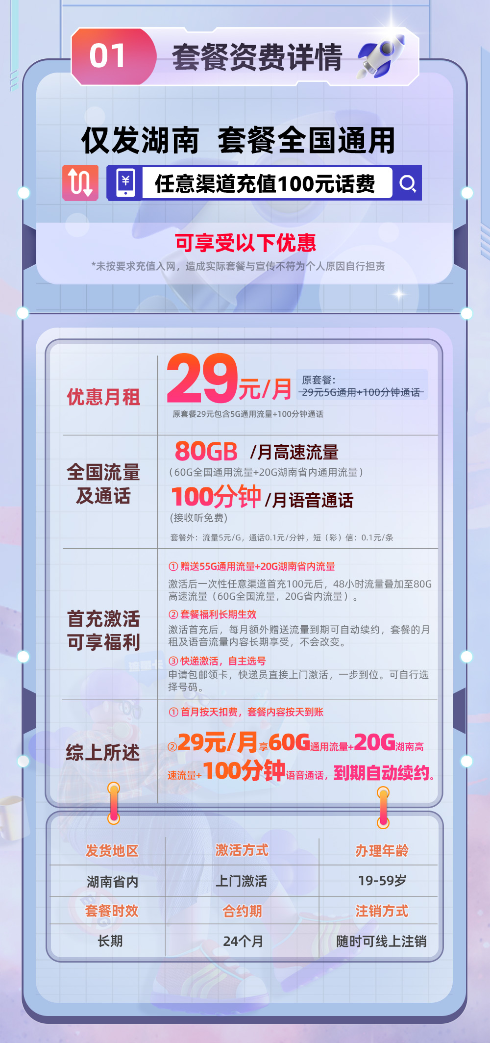 联通湖南A卡29元/月享60G通用流量+20G湖南省内流量+100分钟通话