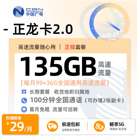 广电正龙卡29元/月享135G全国通用+100分钟通话（在线选号）