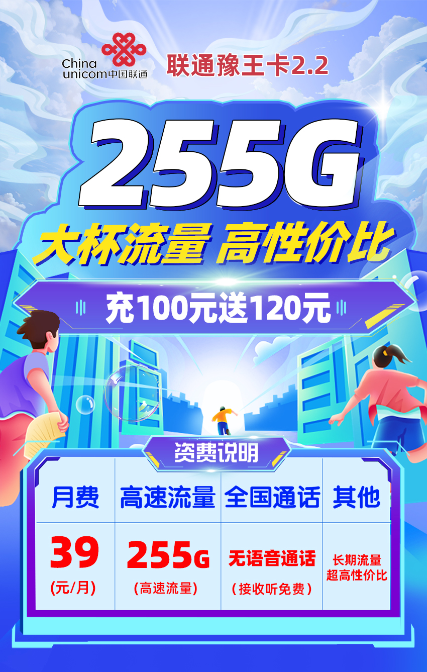 卡多多官方发布：联通豫王卡2.2【39元/月享155G全国通用+100G定向流量】  第1张
