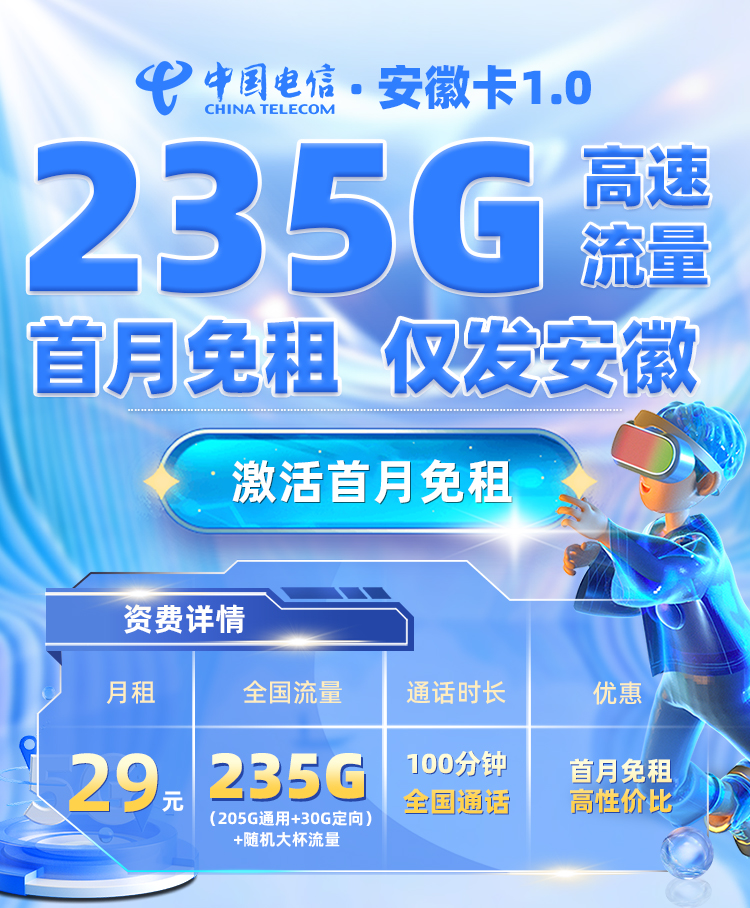 电信安徽卡1.0【29元享235G流量+100分钟通话】