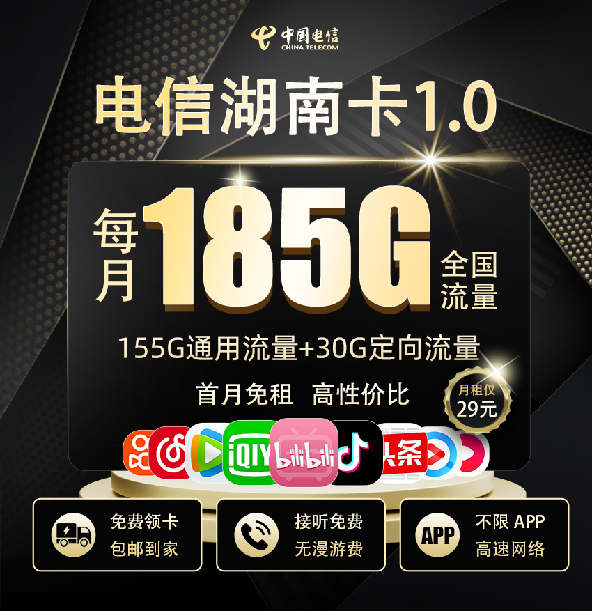 电信湖南卡1.0【29元享185G流量+100分钟通话】