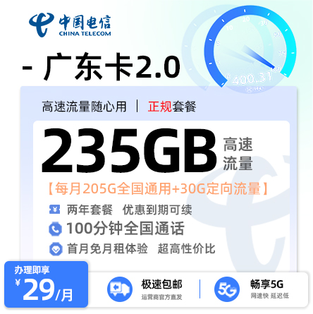 电信广东卡2.0【29元235G流量+100分钟通话】