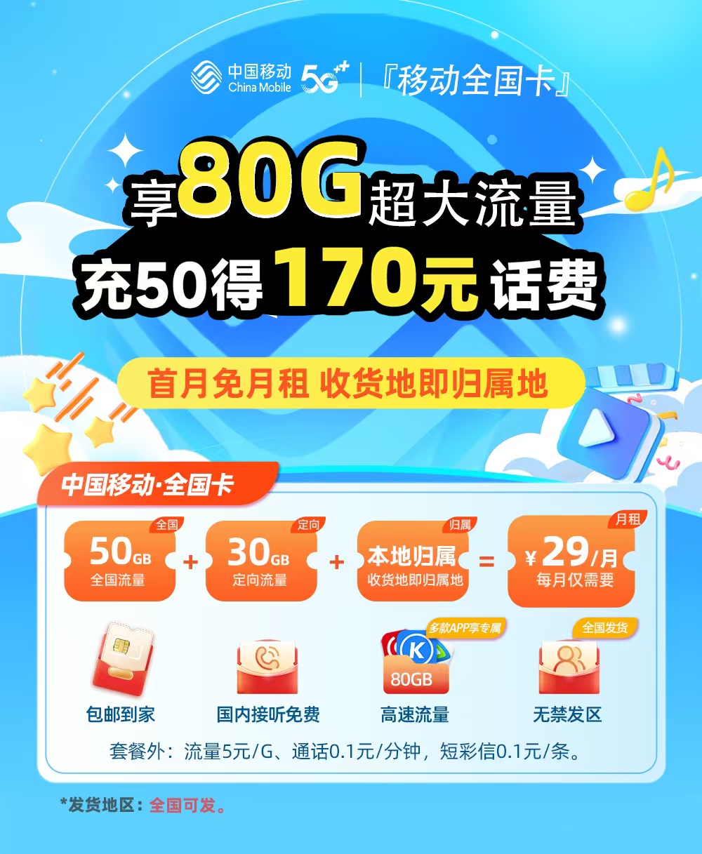 卡多多官方发布：移动全国卡29元月享80G流量  第1张