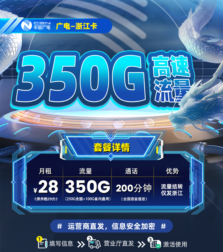 卡多多官方发布：广电浙江卡28元月享350G高速流量+200分钟通话  第1张