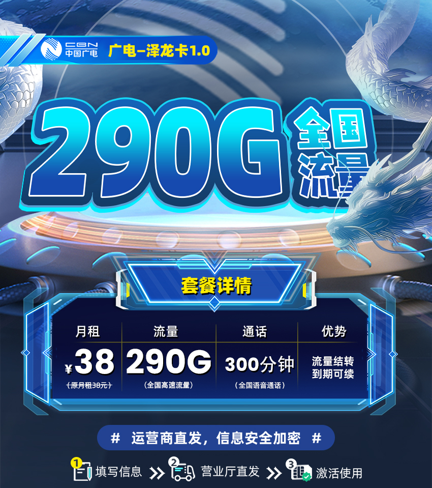 卡多多官方发布：广电泽龙卡38元月享290G全国流量+300分钟通话  第1张