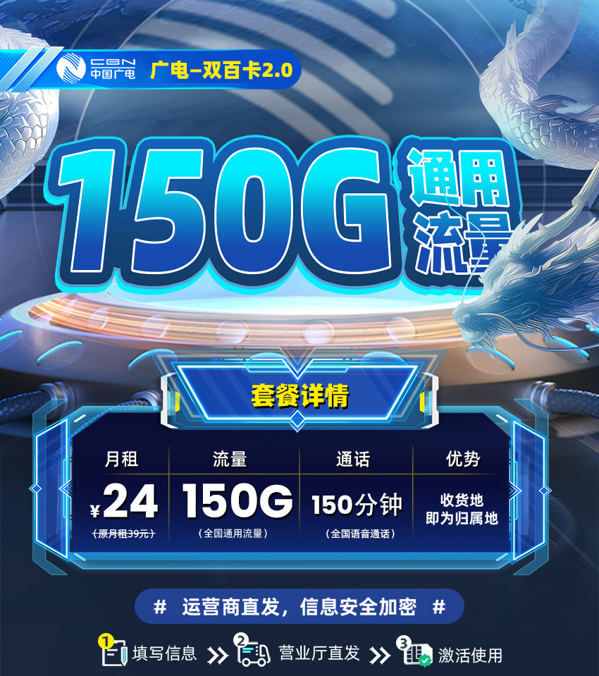 卡多多官方发布：广电双百卡24元月享150G全国通用+150分钟通话