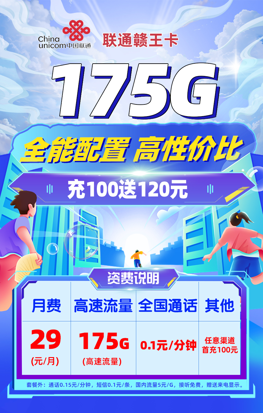 卡多多官方发布：联通赣王卡29元月享175G流量  第1张