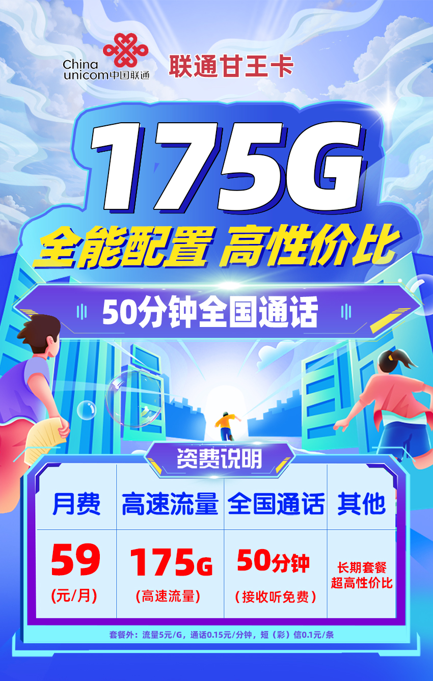 卡多多官方发布：联通甘王卡59元月享175G高速流量+50分钟通话  第1张