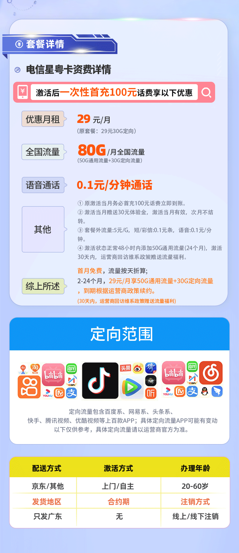 卡多多官方发布：电信星粤卡29元月享50G通用流量+30G定向流量  第2张