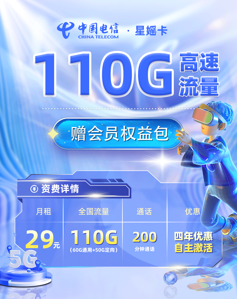 卡多多官方发布：电信星媱卡29元月享110G流量+200分钟通话  第1张
