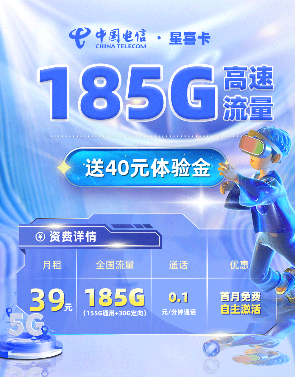 卡多多官方发布：电信星喜卡39元月享185G流量  第1张