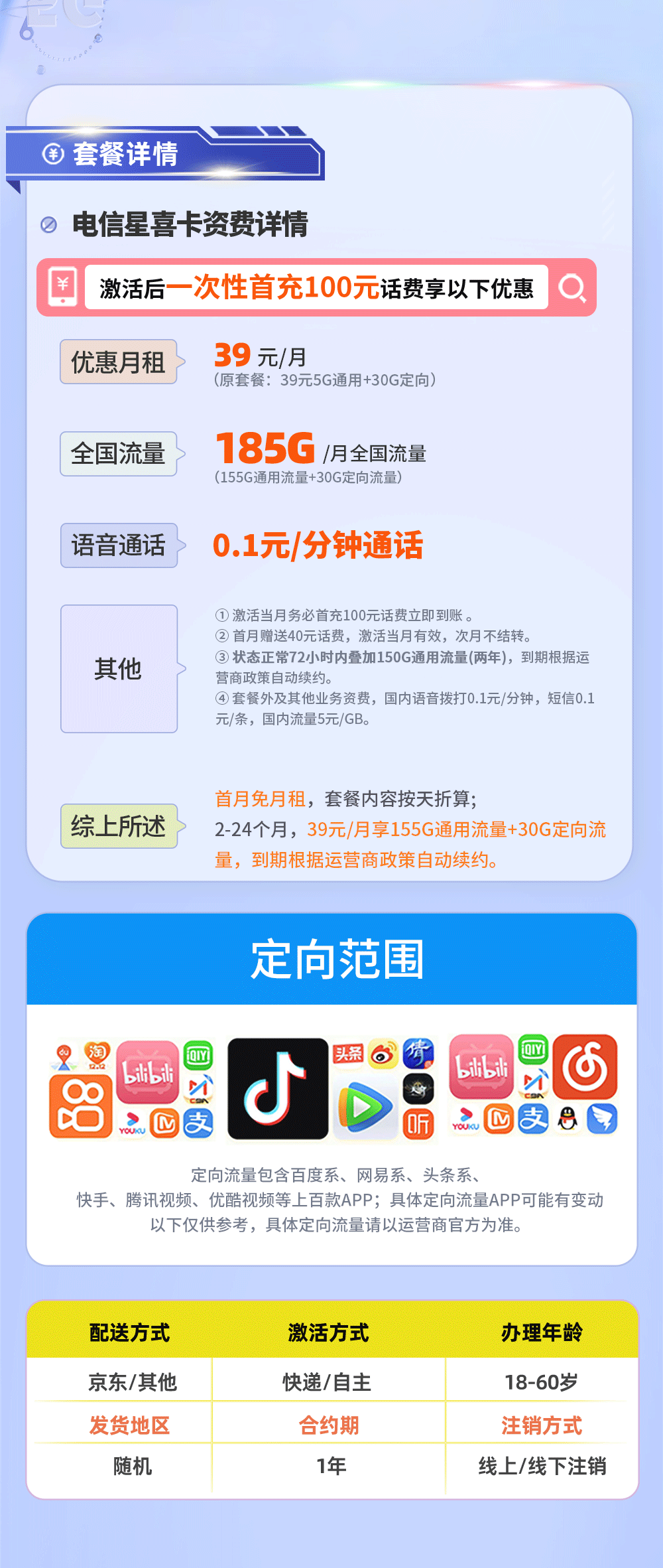 卡多多官方发布：电信星喜卡39元月享185G流量  第2张