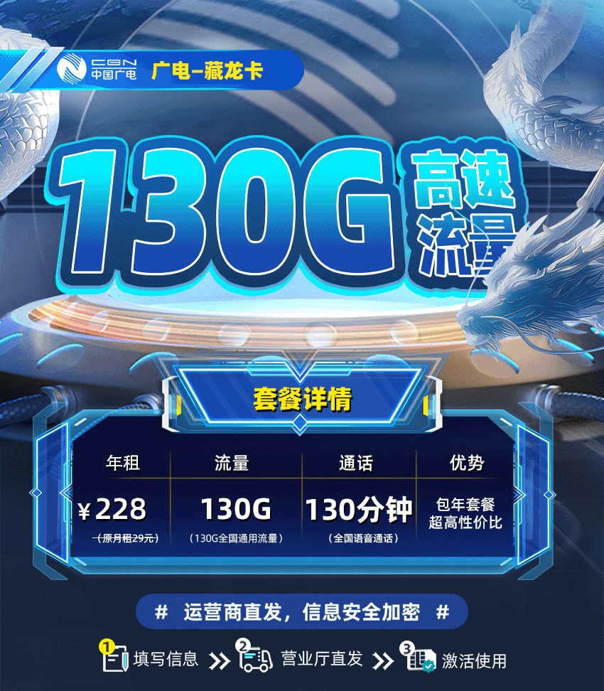 卡多多官方发布：广电藏龙卡228包年套餐月享130G流量+130分钟通话  第1张