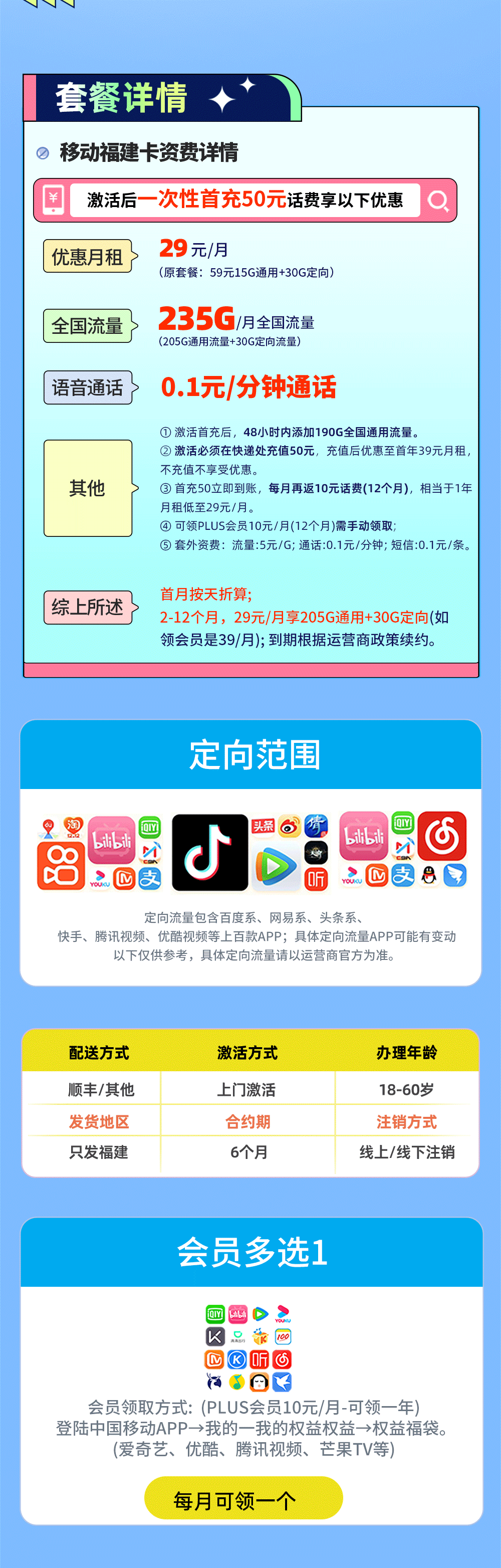 卡多多官方发布：移动福建卡29元/月享235G流量【福建专属】  第2张