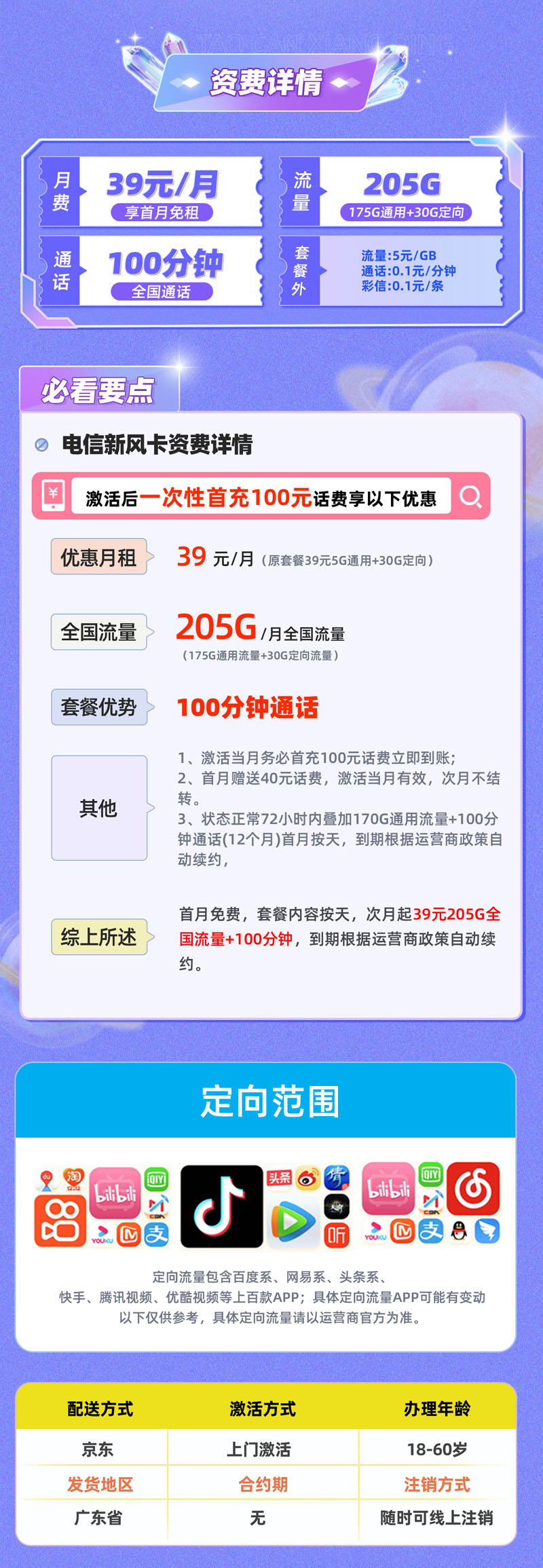 电信新风卡39元205G全国通用流量+100分钟【广东专属】  第2张