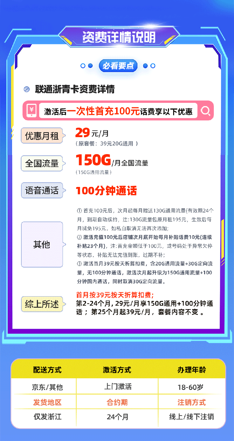 联通浙青卡【浙江专属】29元150G通用流量+100分钟通话  第2张