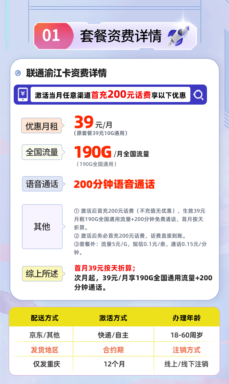 联通渝江卡【重庆专属】39元190G通用流量+200分钟语音通话  第2张