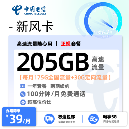 电信新风卡39元205G全国通用流量+100分钟【广东专属】